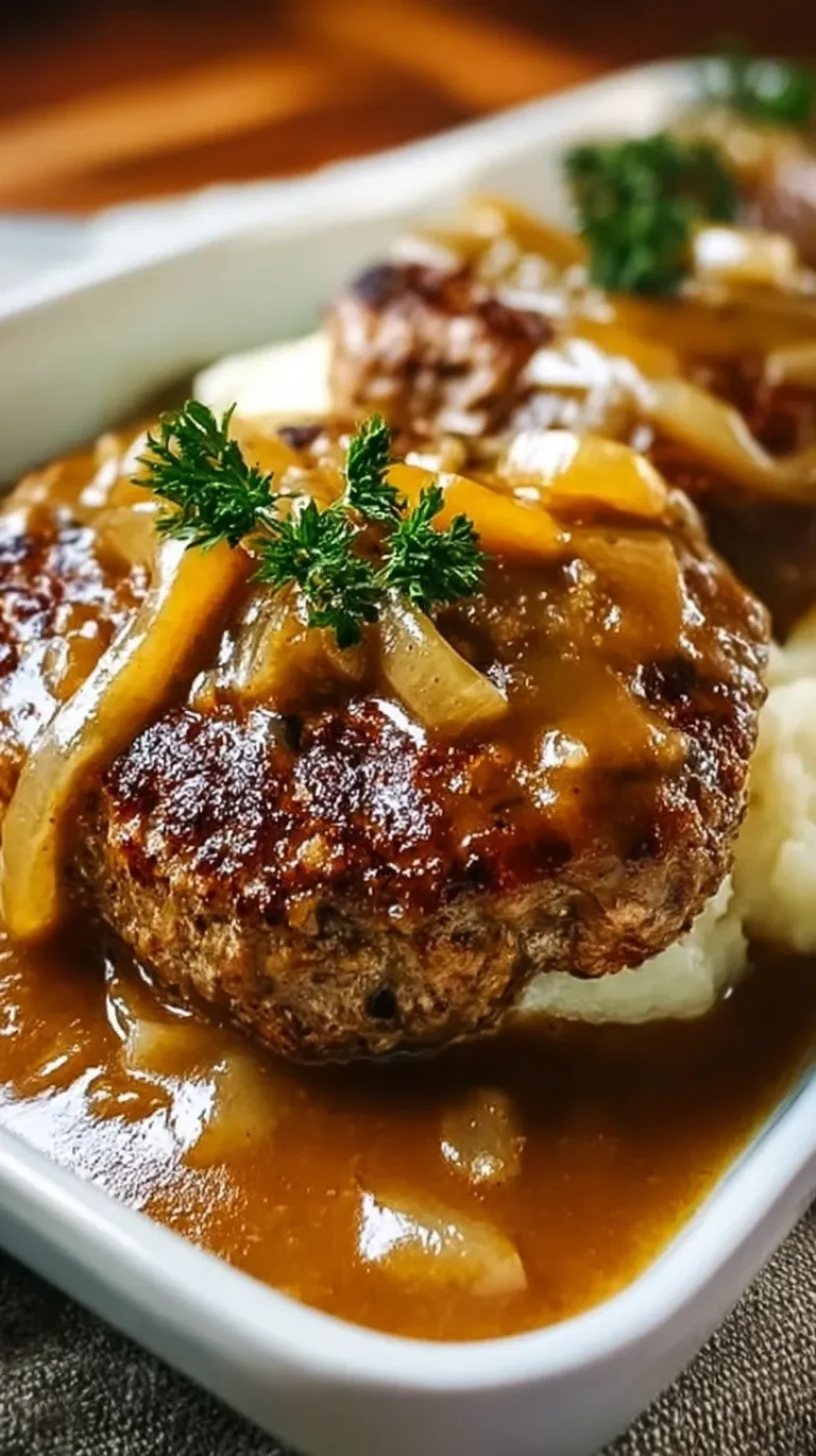 Juicy Salisbury steak patties smothered in thick brown onion gravy in a skillet