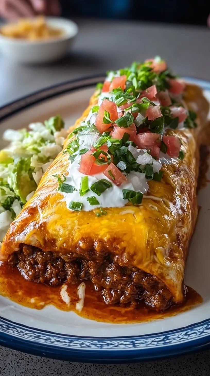 Large smothered beef burrito topped with red sauce, melted cheese, sour cream, and cilantro in a baking dish.