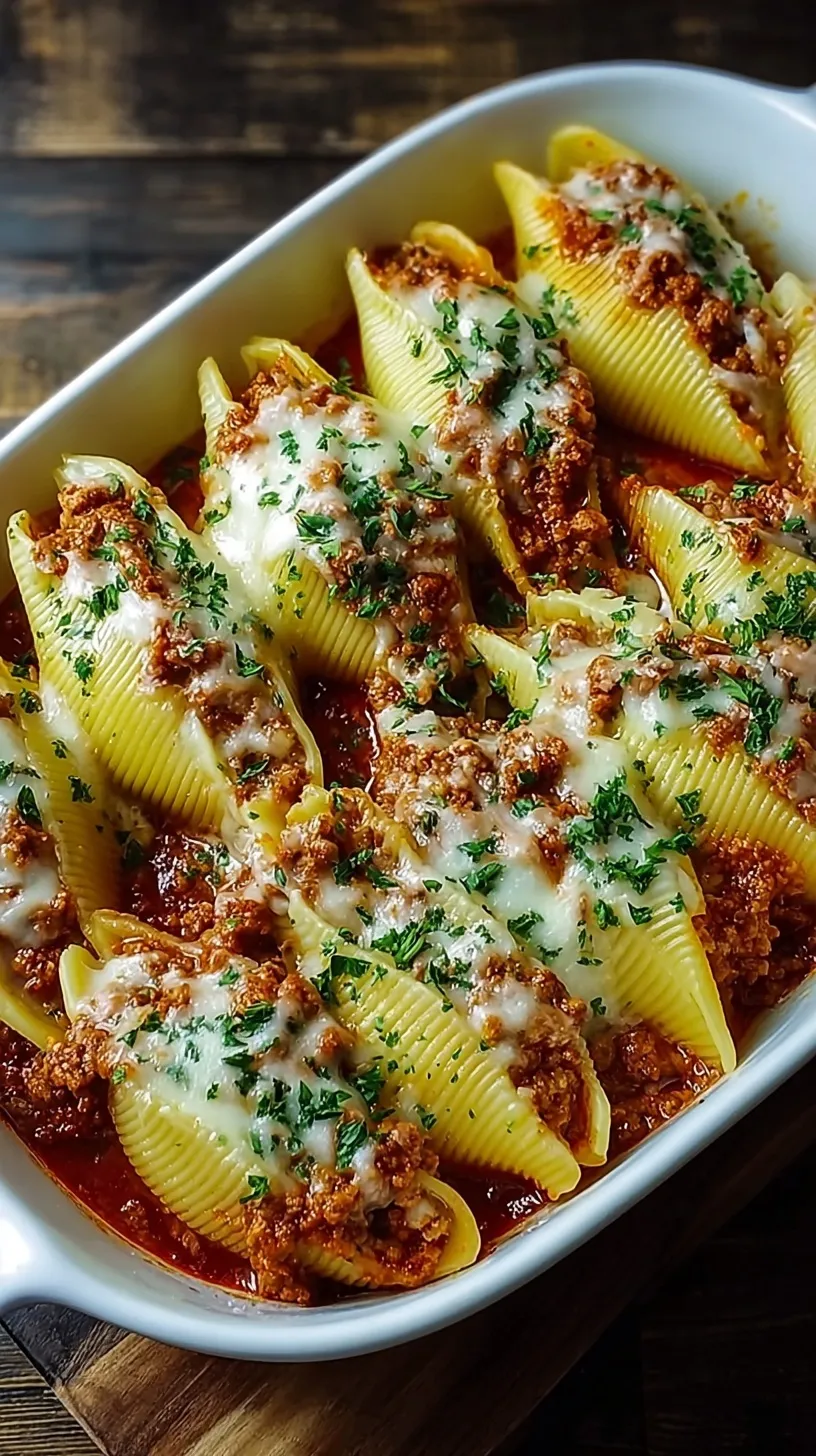 A baking dish filled with jumbo pasta shells stuffed with cheese and topped with meat sauce and melted mozzarella.