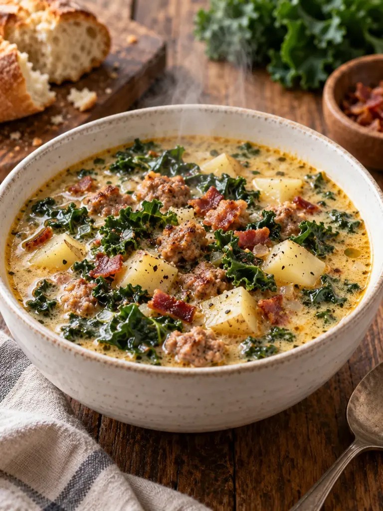 Creamy Zuppa Toscana soup with Italian sausage, potatoes, kale and bacon in a white bowl