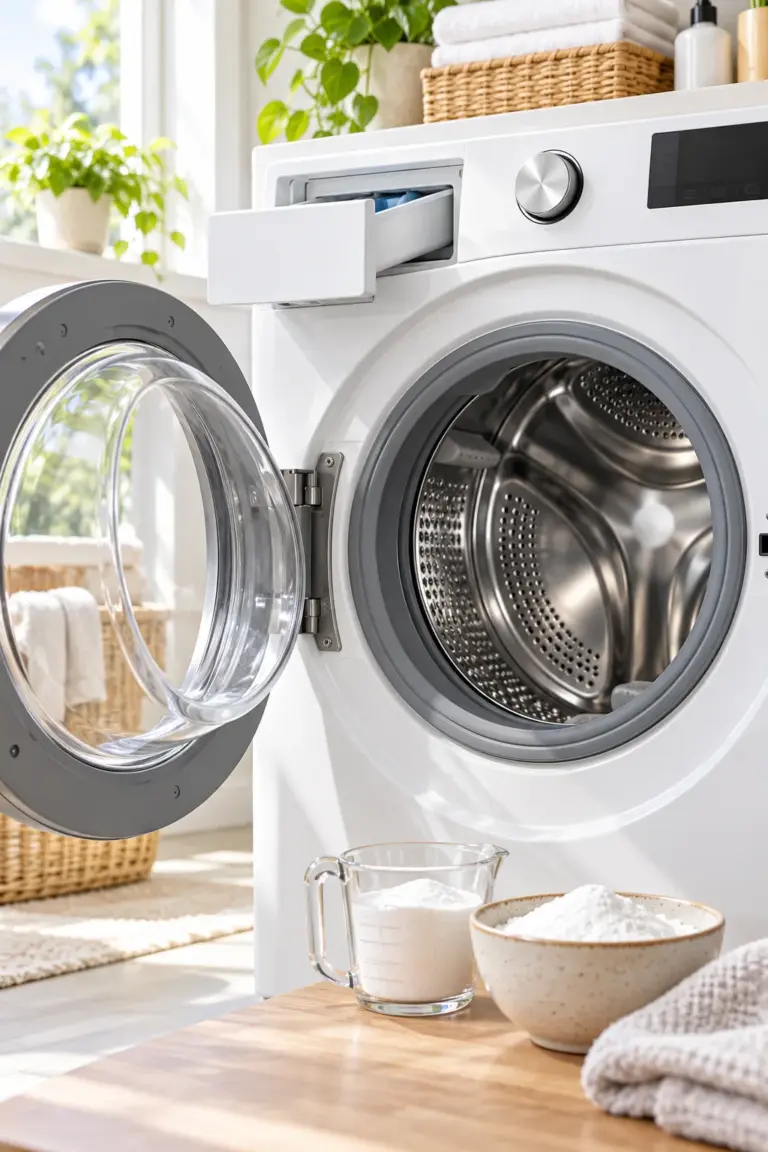 Clean front-loading washing machine with open door, baking soda, and measuring cup for natural washing machine cleaning.