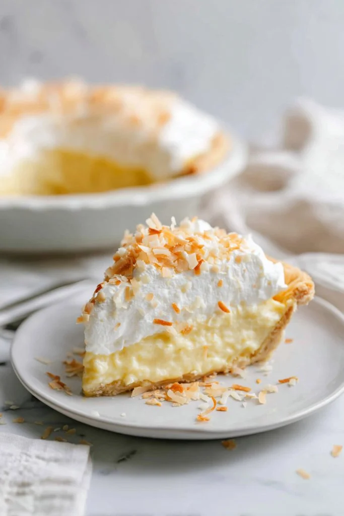 Delicious homemade Coconut Cream Pie with whipped cream topping and coconut flakes