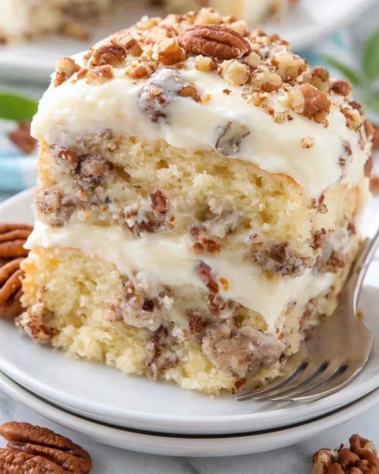 Delicious Coconut Pecan Cake topped with creamy frosting and toasted pecans