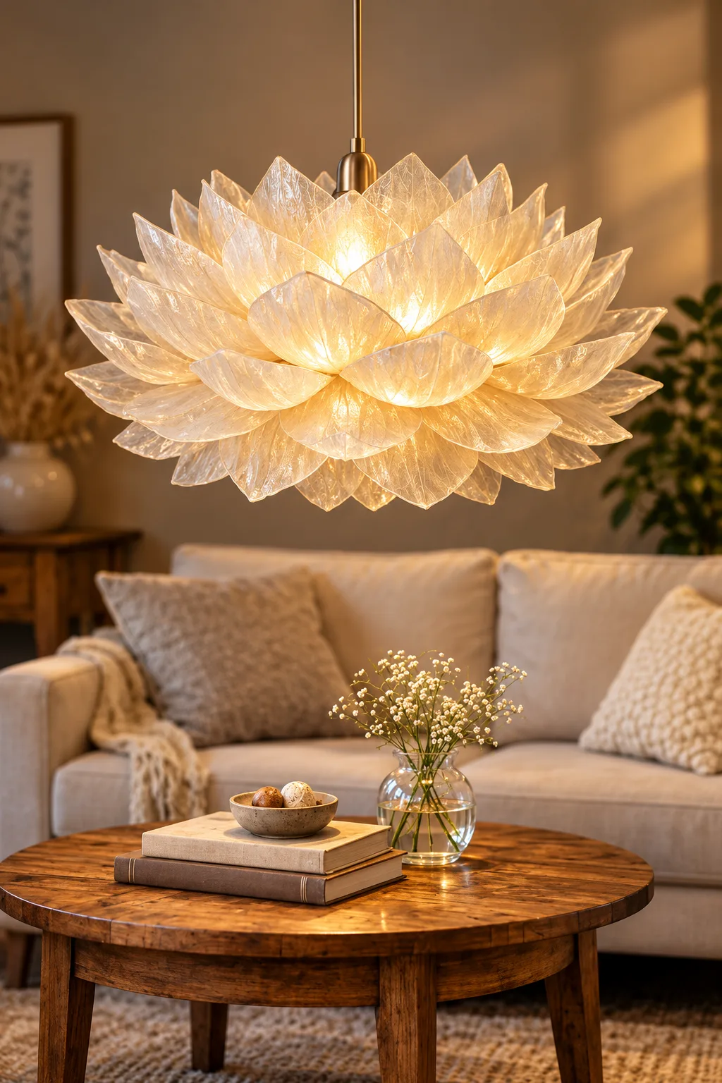 DIY coffee filter pendant lamp made with white coffee filters and clear epoxy resin
