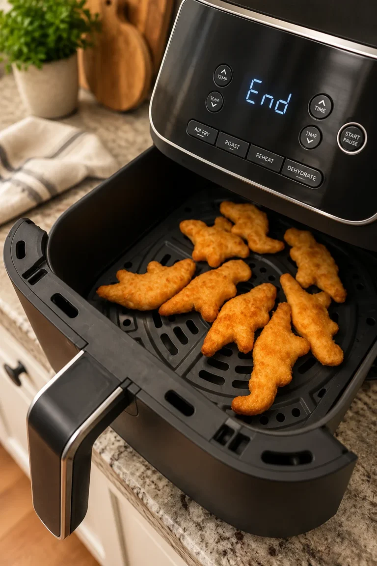 Modern convection oven with air fry setting cooking crispy French fries and chicken tenders