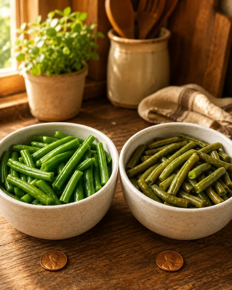 Fresh green beans and a copper penny on a kitchen counter