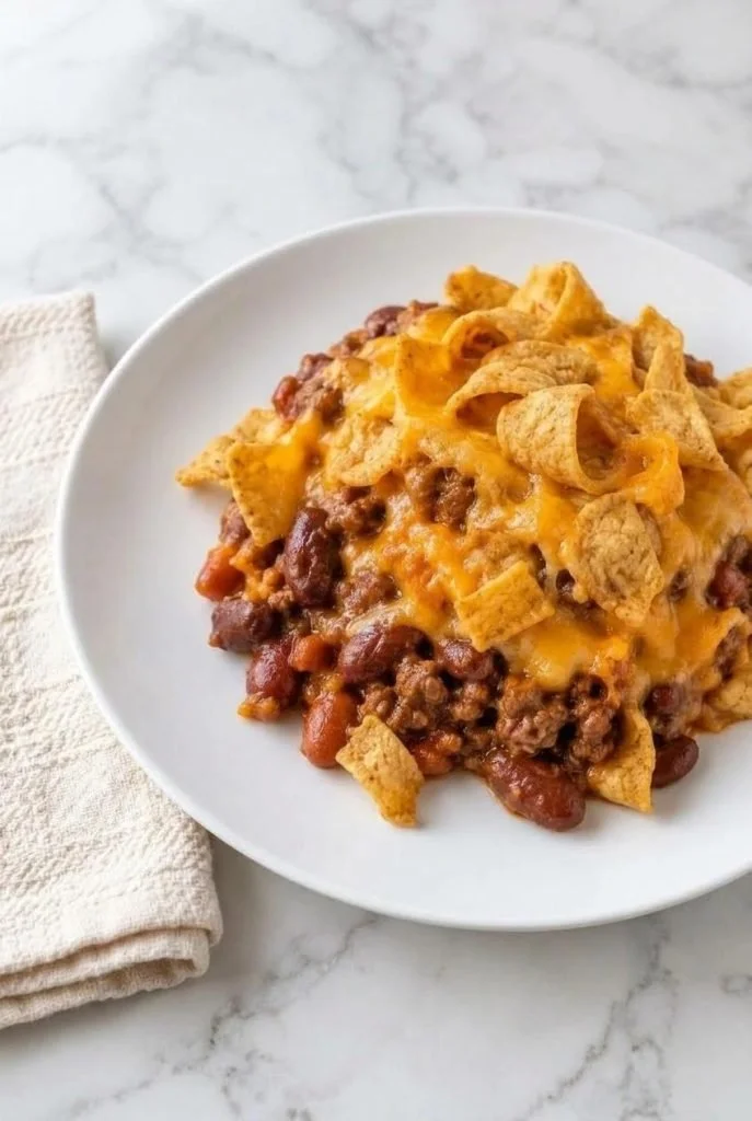 Delicious Corn Chip Chili Pie served in a dish with toppings