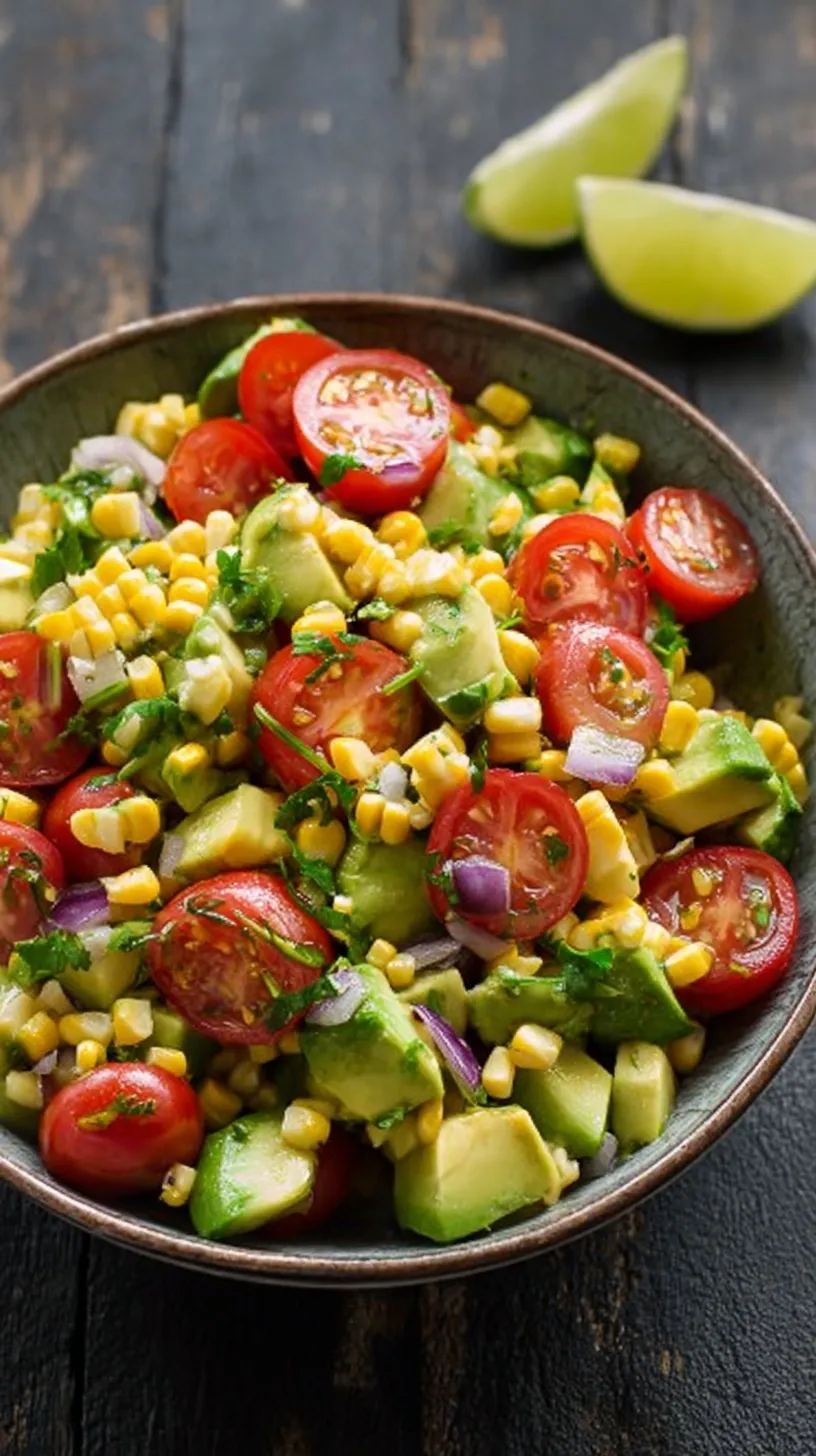 A bowl of fresh Corn Tomato Avocado Salad with lime dressing and cilantro