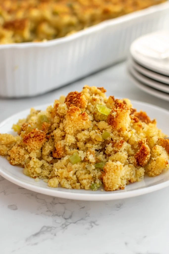Delicious cornbread stuffing served in a rustic dish with herbs and spices.