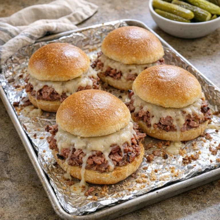 Corned beef sliders topped with Swiss cheese on a platter