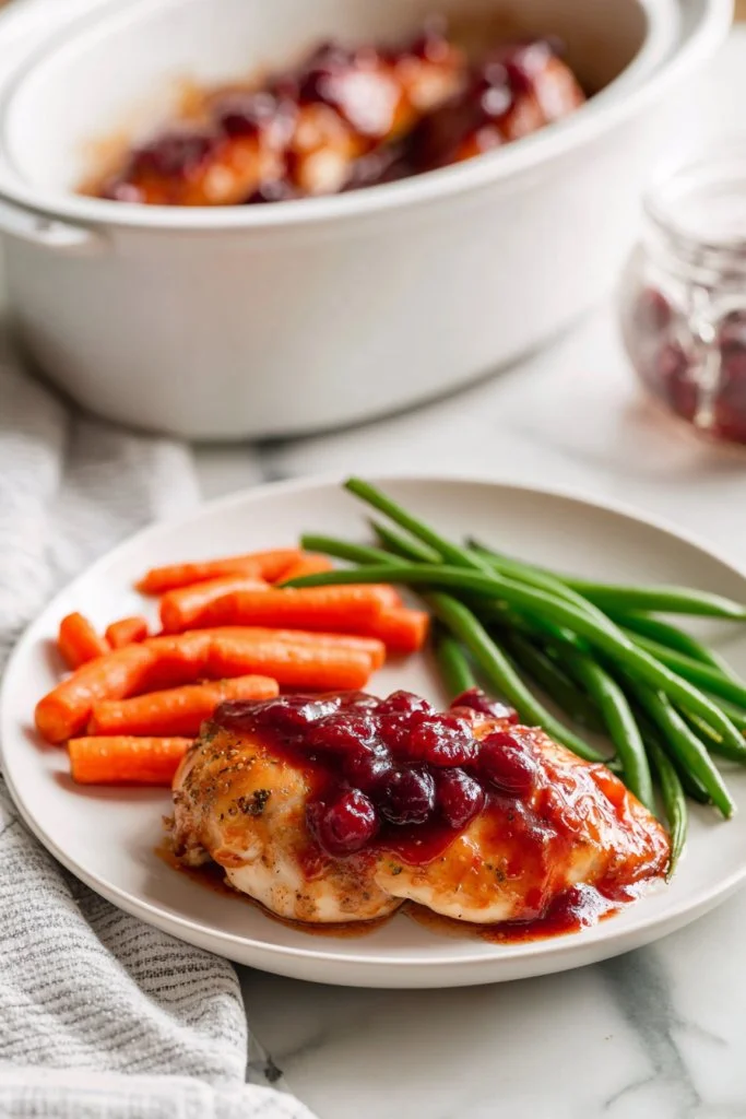 Delicious Country-Style Cranberry Chicken served with fresh herbs and sides.
