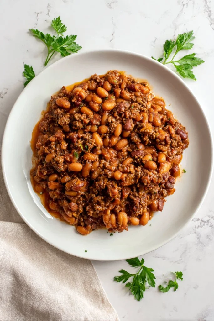 Delicious Cowboy Baked Beans with ground beef and kidney beans in a serving bowl.
