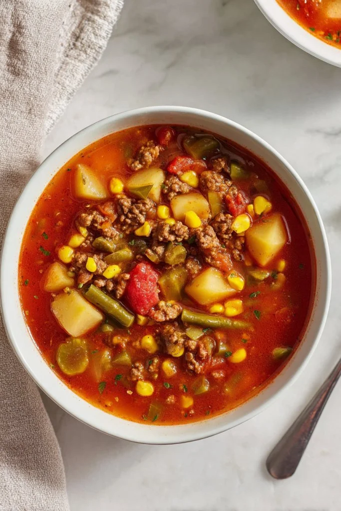 Bowl of Cowboy Soup with beans and vegetables