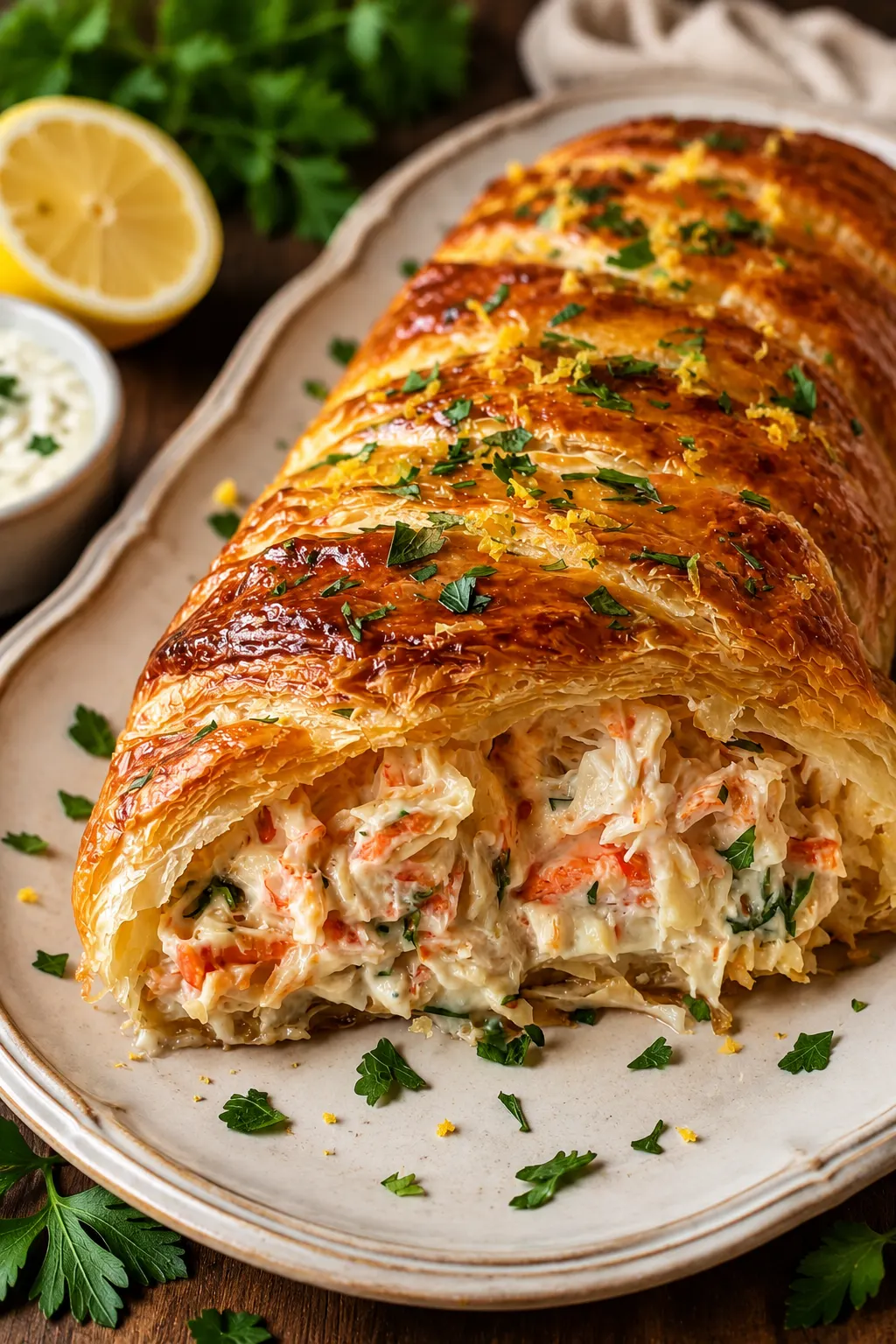 Golden crab and lobster puff pastry strudel sliced open with creamy seafood filling and fresh parsley garnish.