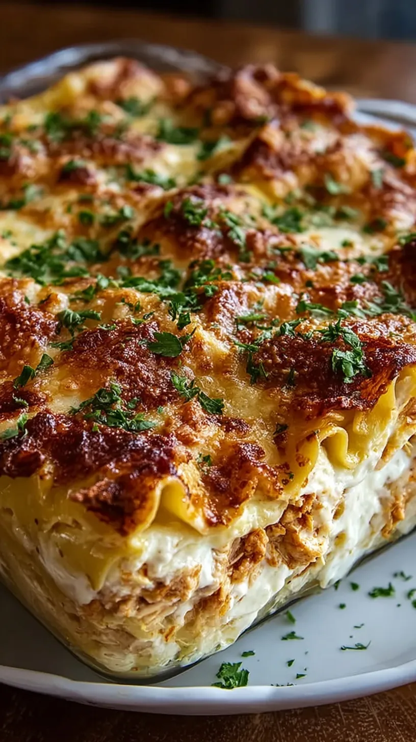 A bubbling dish of Crack Chicken Lasagna topped with melted cheese, crispy bacon, and green onions.