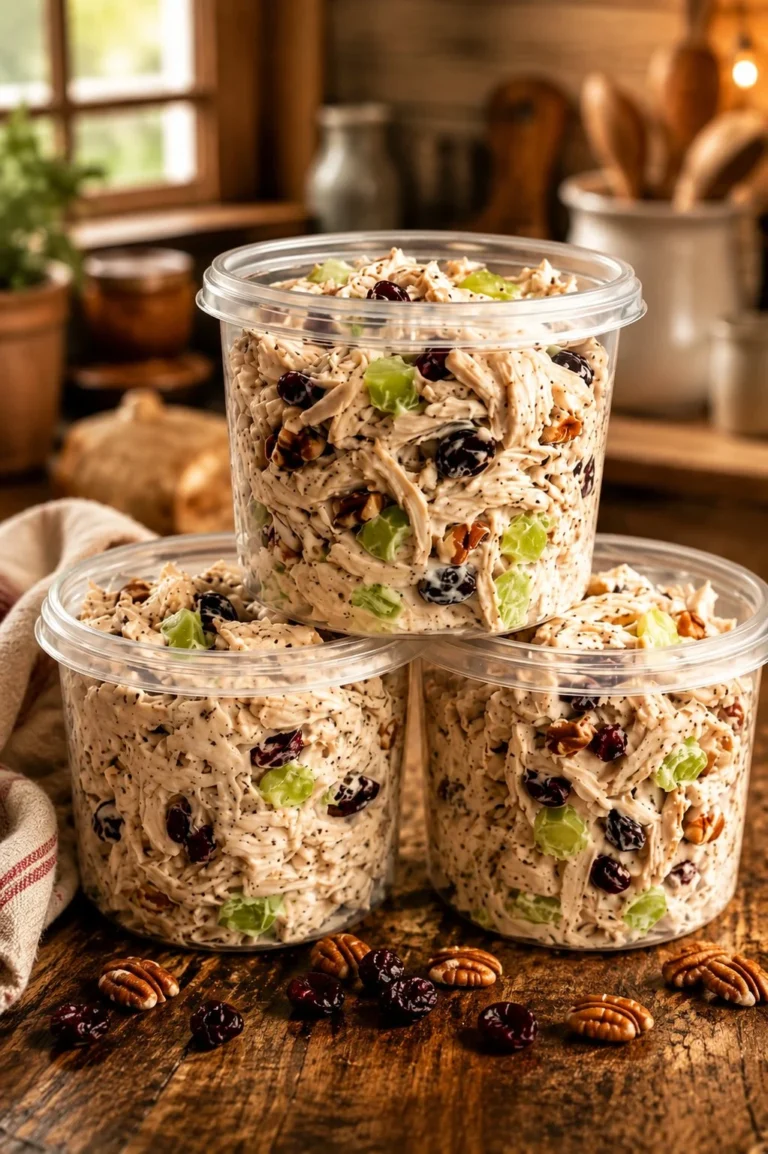 Cranberry and pecan chicken salad in a bowl with fresh greens