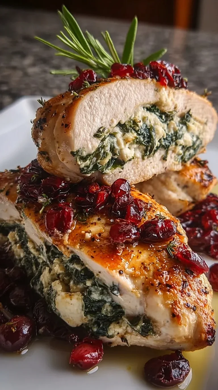 Golden brown stuffed chicken breasts filled with spinach and cranberries on a white plate