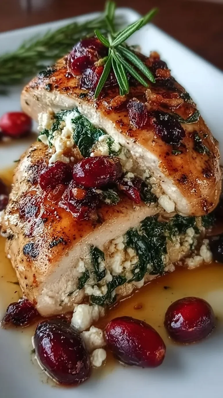 Golden-brown pan-seared chicken breast stuffed with green spinach, white feta, and red cranberries