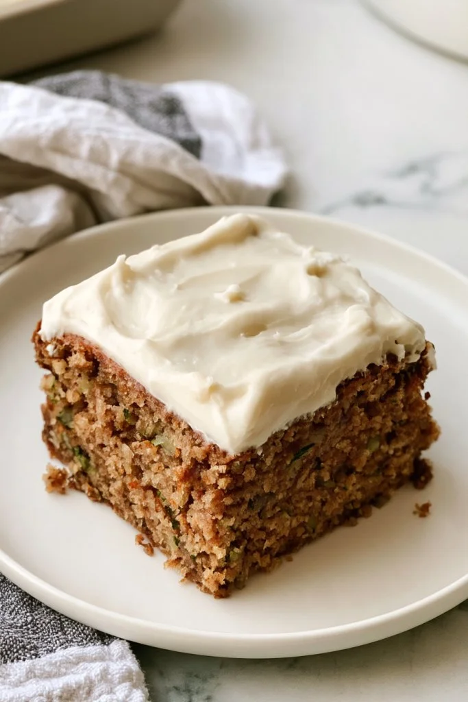 Cream cheese frosted zucchini cake served on a plate