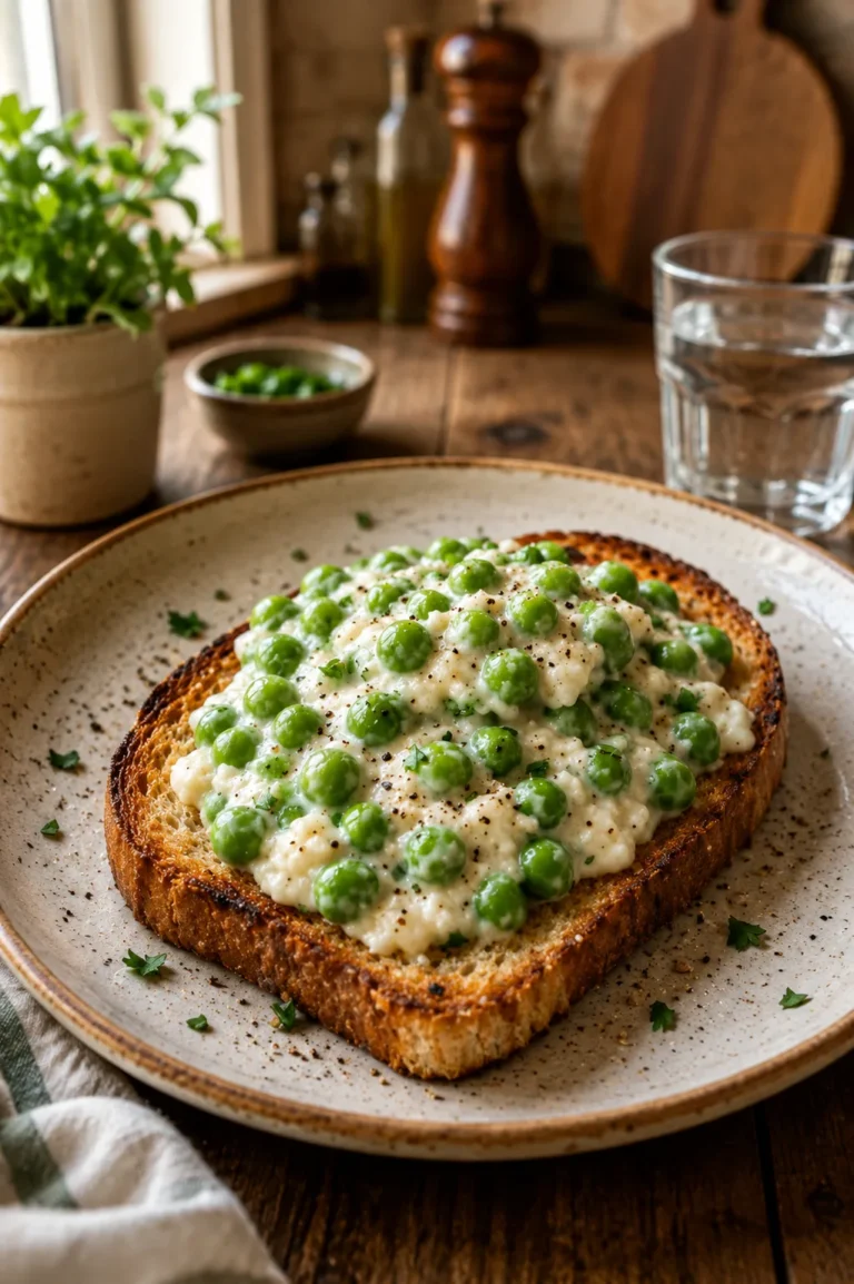 Creamed Peas on Toast served with buttery toasted bread