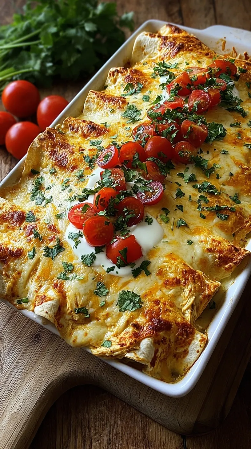 A 9x13 baking dish filled with golden brown creamy chicken enchiladas topped with melted cheese and green chiles.