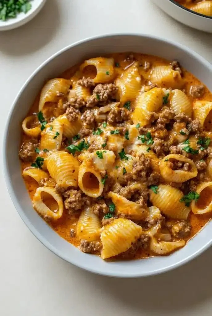 Creamy beef and shells dish served in a bowl with herbs