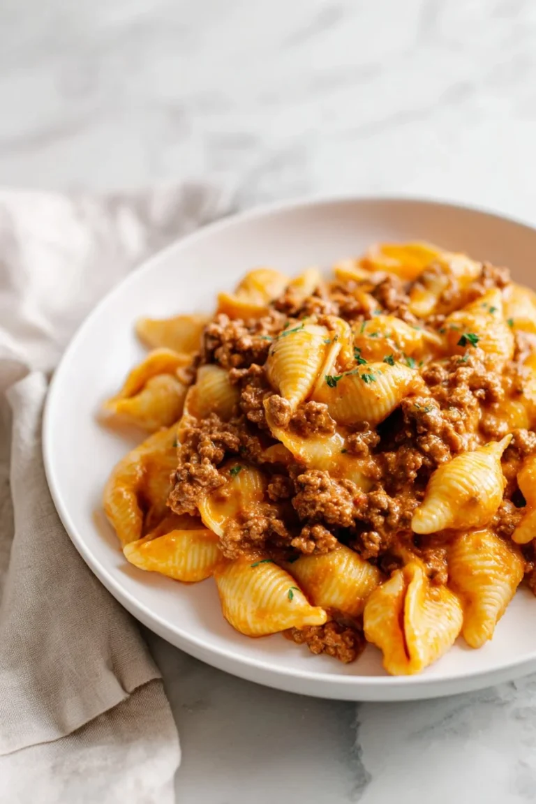 Creamy beef and shells skillet topped with parsley in a pan