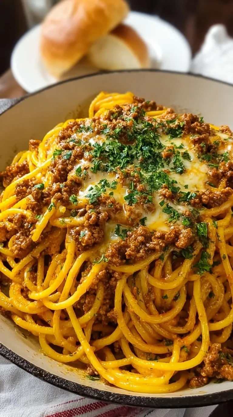 A close up shot of Creamy Cajun Beef Spaghetti in a bowl with parsley garnish