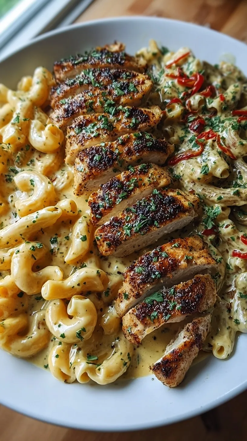 A bowl of creamy cajun chicken pasta with melted cheese and parsley