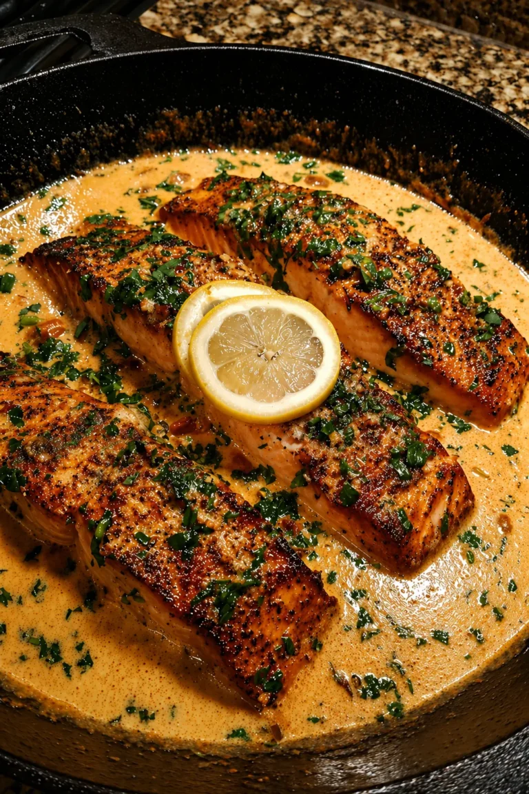 Creamy Cajun salmon in a skillet with garlic cream sauce, fresh parsley, and lemon slices