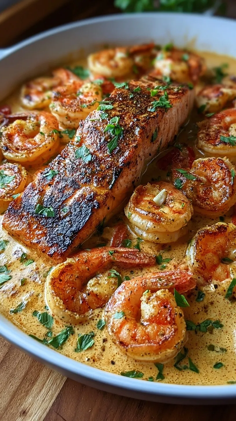 Pan-seared salmon and shrimp in a creamy Cajun sauce with spinach and parmesan in a skillet