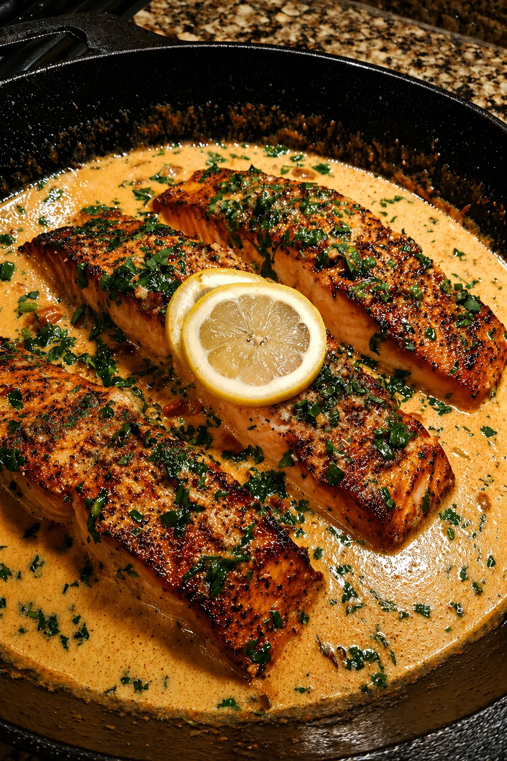 Creamy Cajun salmon in a skillet with garlic cream sauce, fresh parsley, and lemon slices