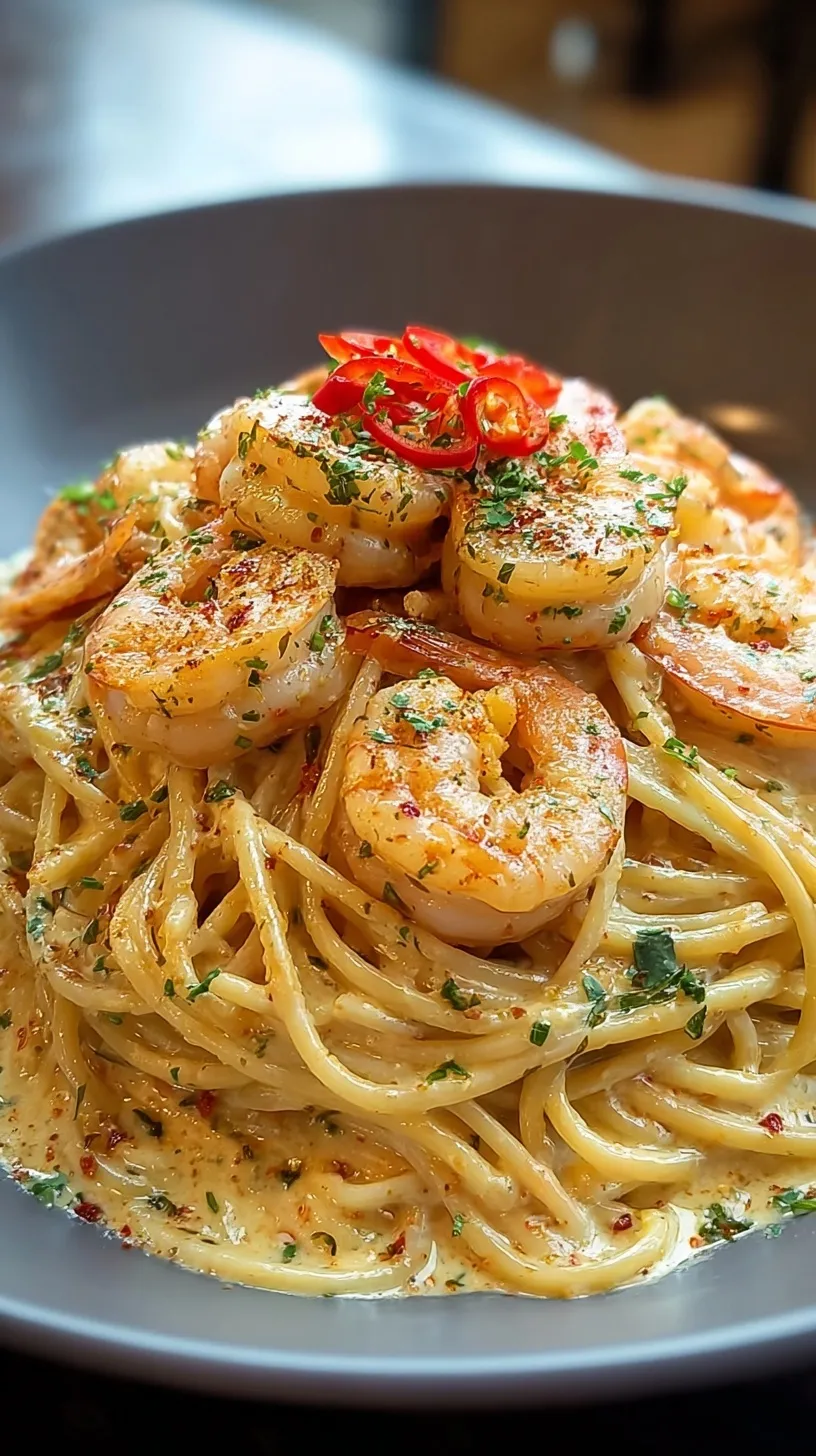 A mounded plate of creamy fettuccine pasta with sautéed bell peppers and seared Cajun shrimp on top.