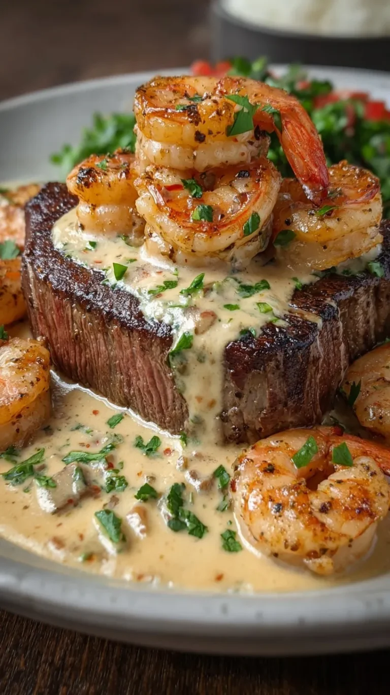 Pan-seared ribeye steak topped with jumbo shrimp and a spicy cream sauce in a cast iron skillet
