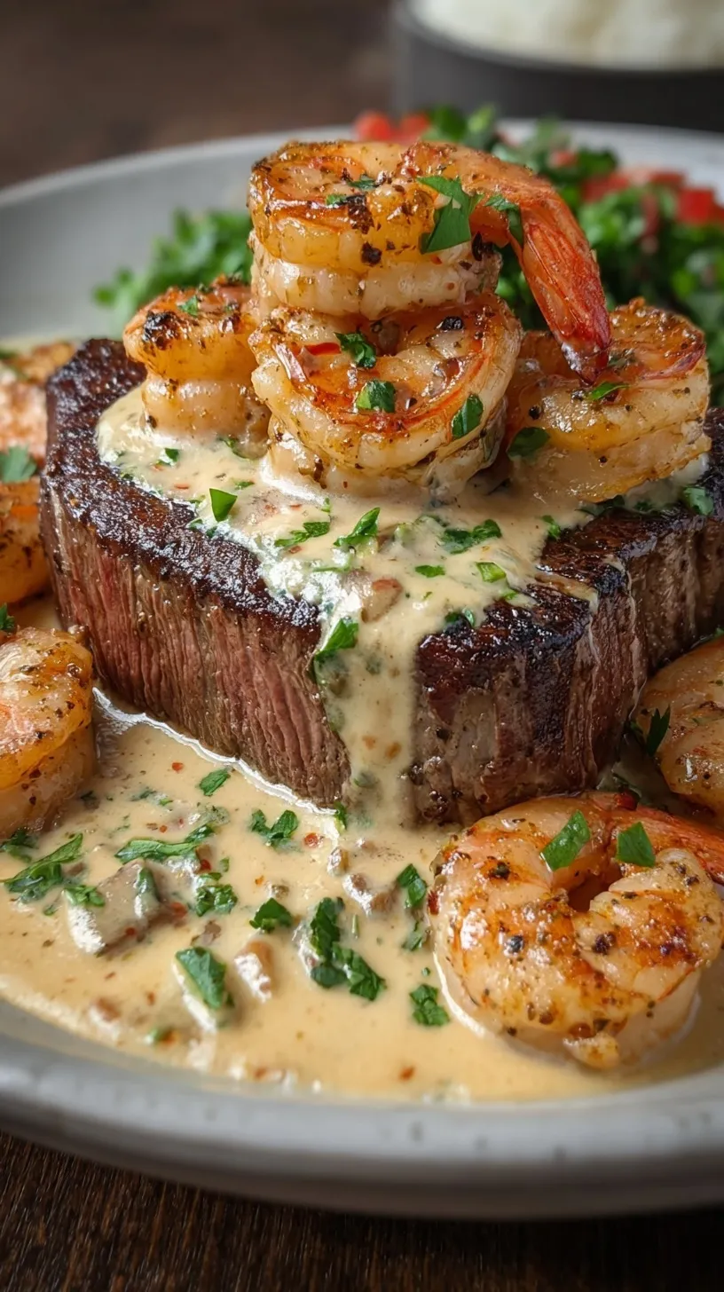 Pan-seared ribeye steak topped with jumbo shrimp and a spicy cream sauce in a cast iron skillet
