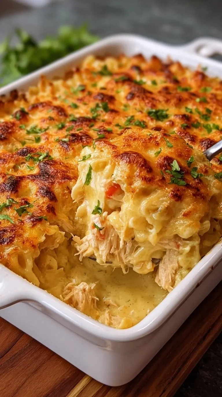 A golden brown creamy chicken casserole in a baking dish with melted cheese and cracker topping.