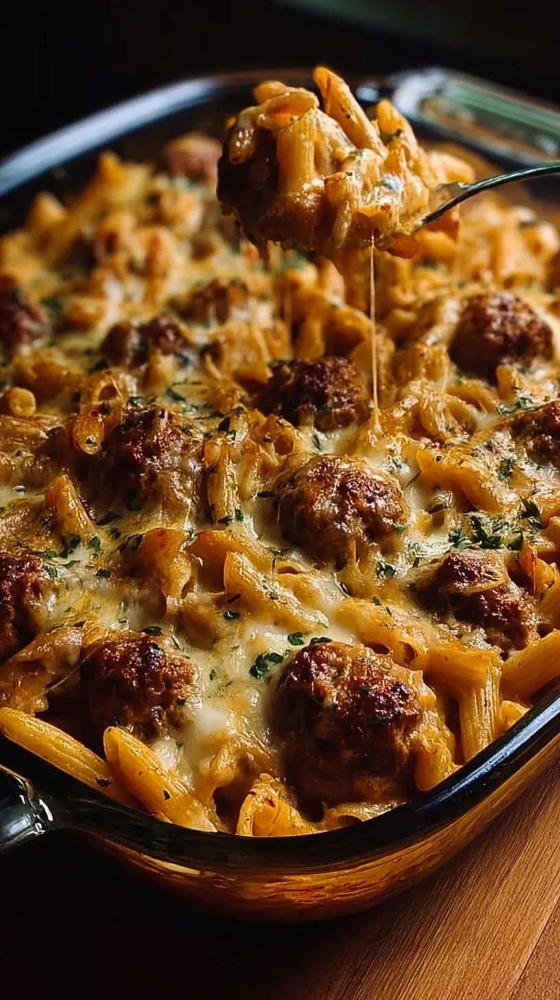 A bubbling dish of Creamy Meatball Pasta Bake with melted mozzarella and fresh parsley on top.