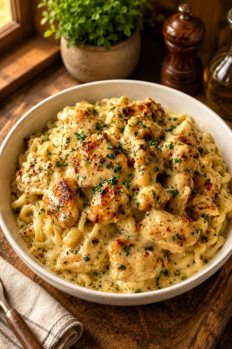 Bowl of creamy chicken and noodles topped with fresh herbs