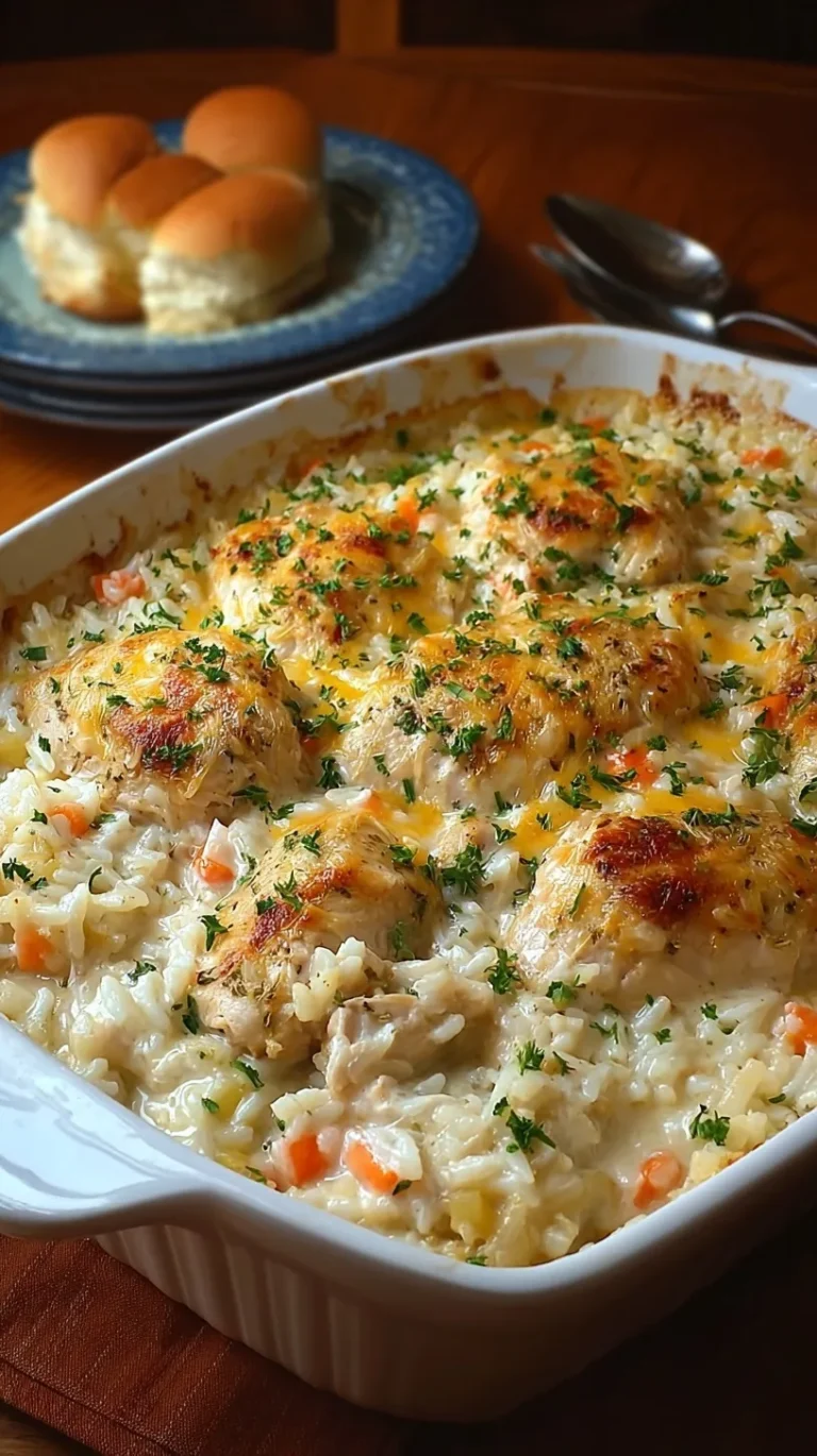 A golden-brown Creamy Chicken and Rice Casserole in a white baking dish topped with melted cheese and cracker crumbs.