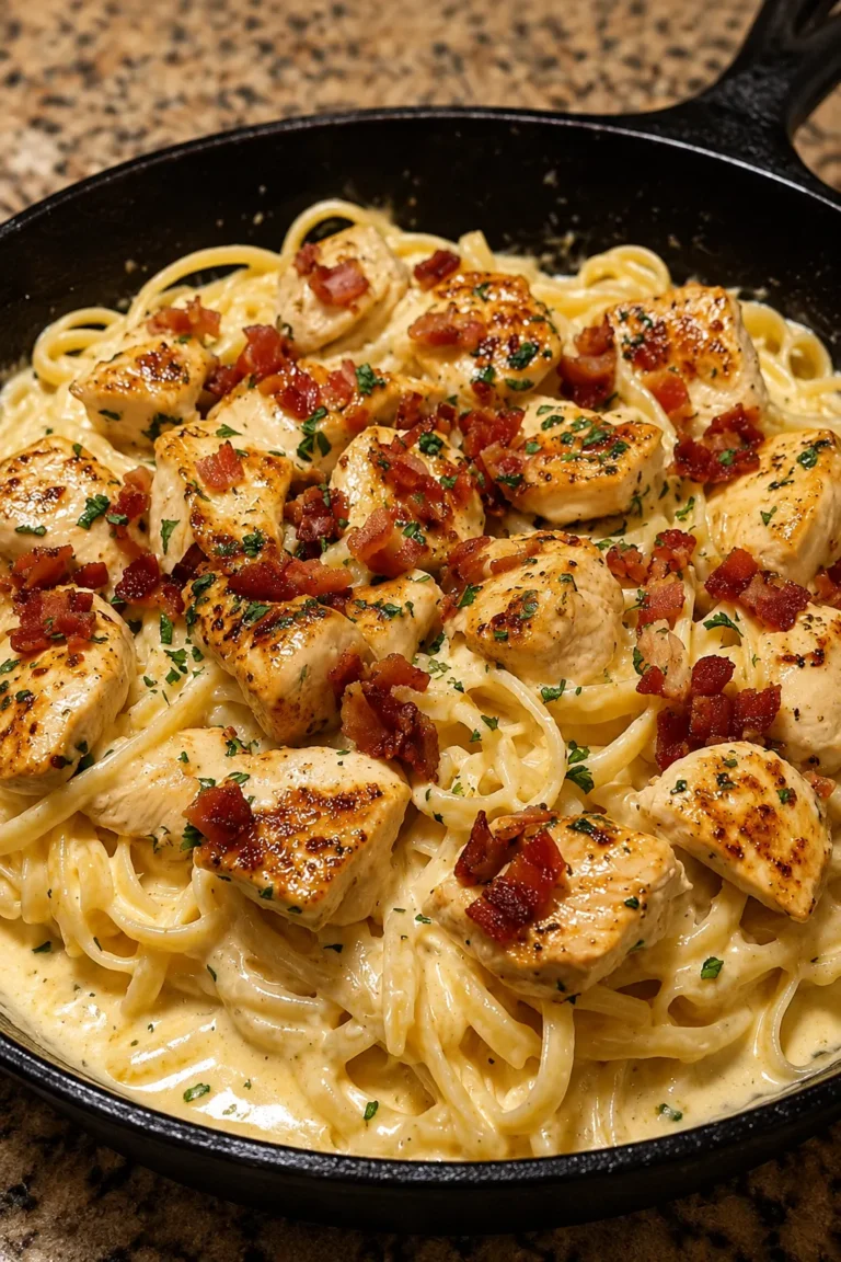 Creamy chicken bacon Alfredo pasta in a skillet with crispy bacon and Parmesan sauce