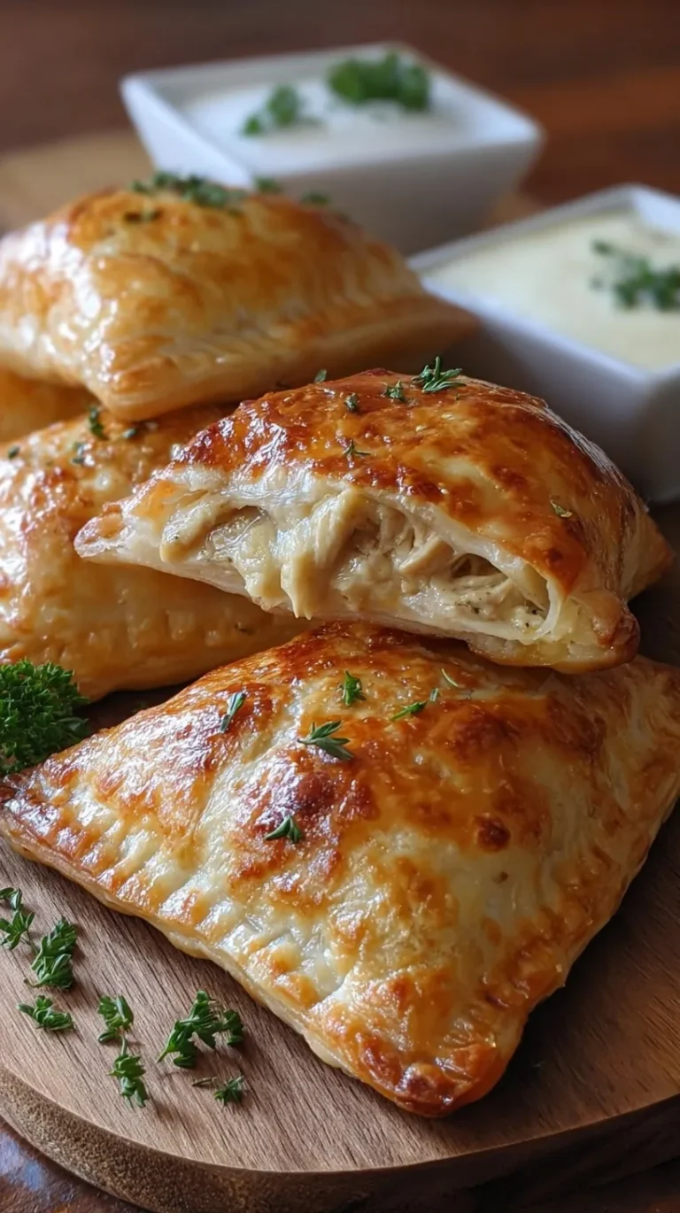 Golden brown puff pastry triangles filled with creamy chicken and melted cheese on a baking sheet.