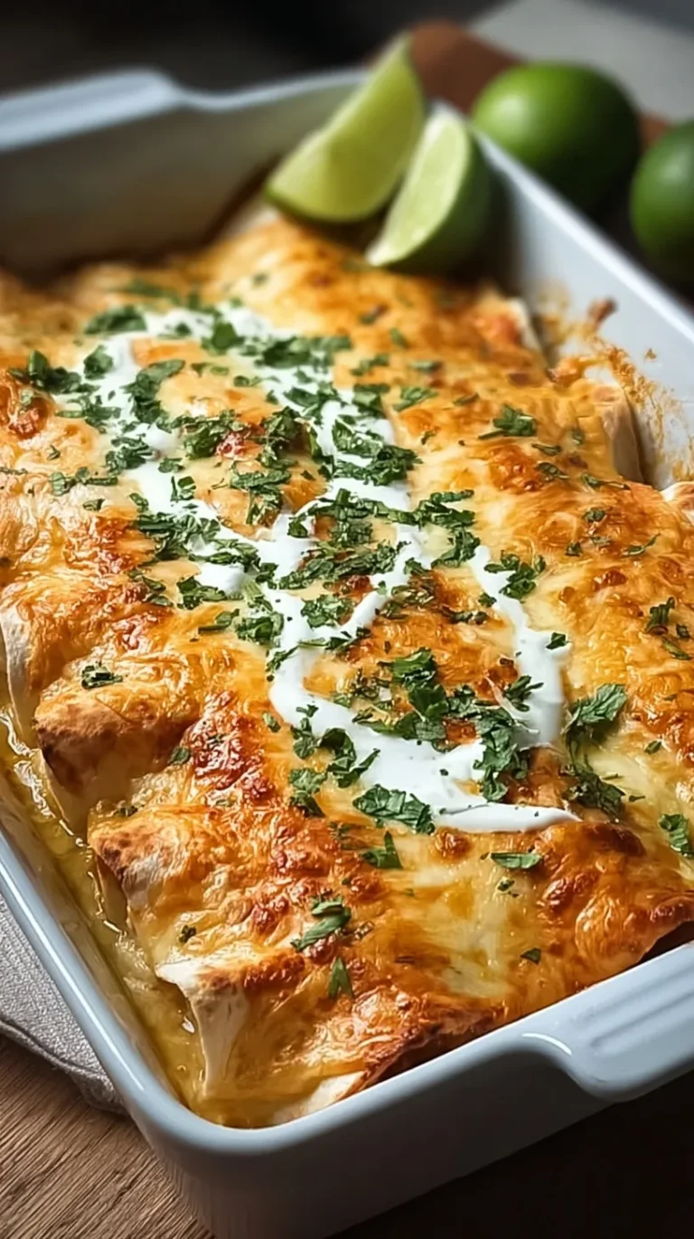 A baking dish filled with cheesy creamy chicken enchiladas topped with green chiles.