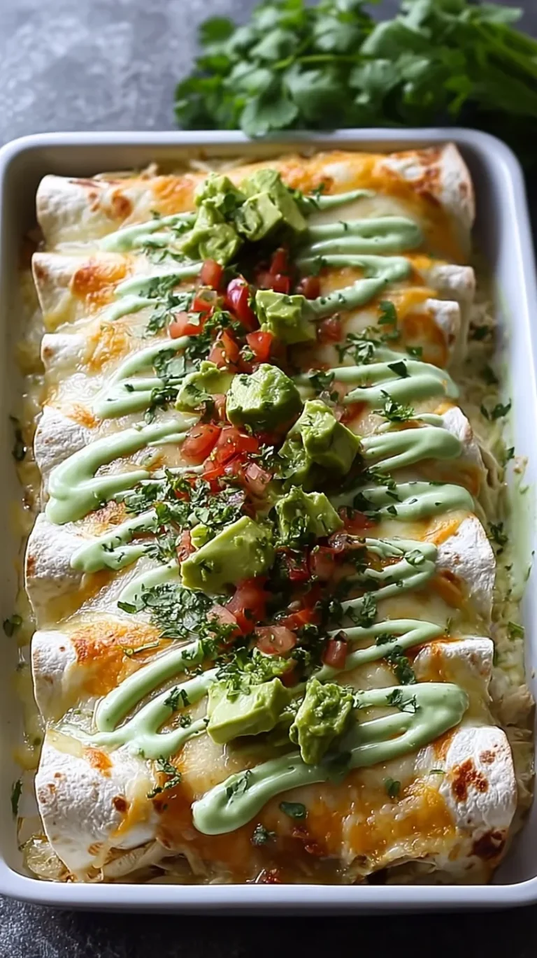 A baking dish of creamy chicken enchiladas topped with melted Monterey Jack cheese and a bright green avocado cilantro sauce.
