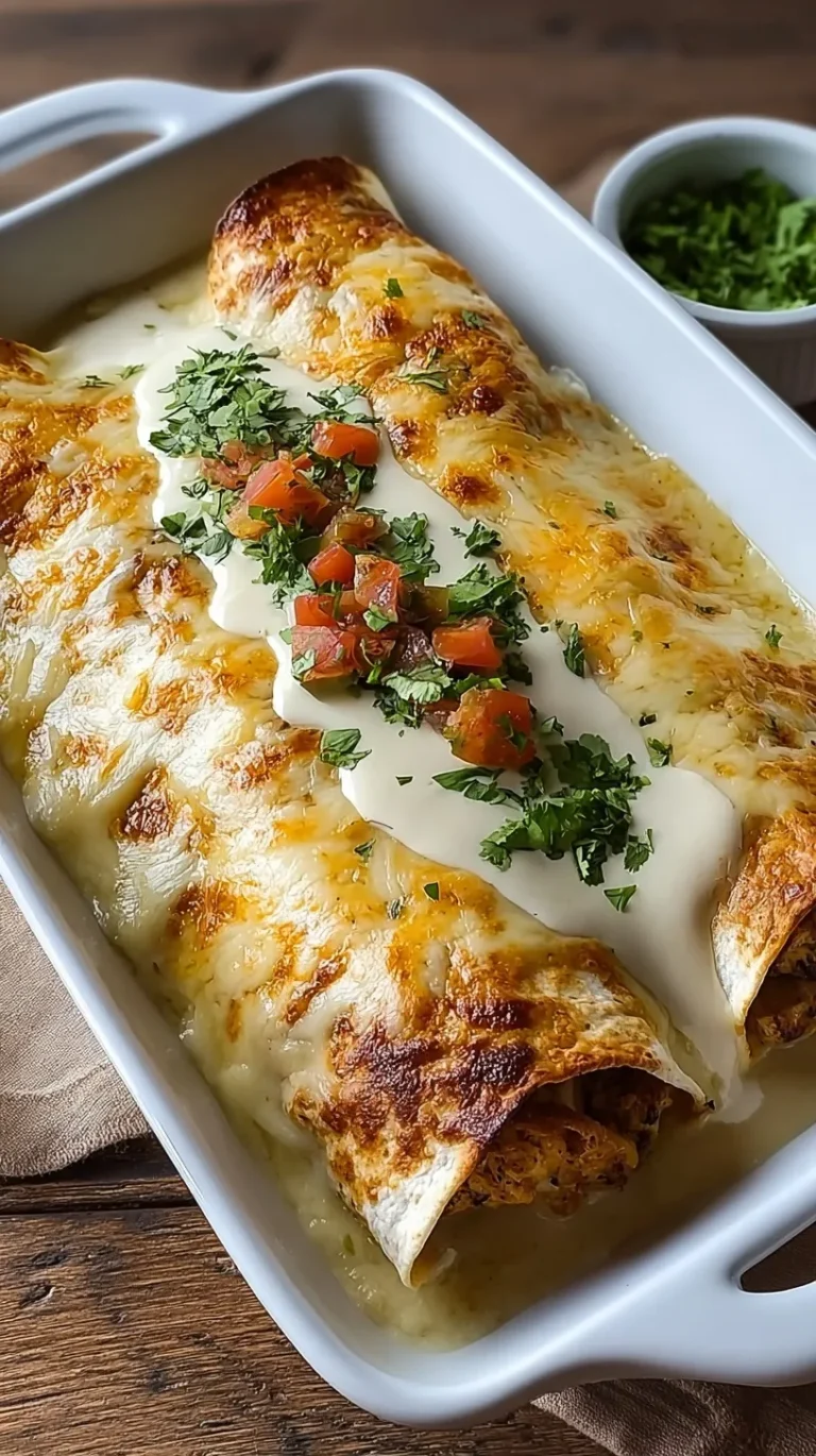 Baking dish of golden brown creamy chicken enchiladas with melted cheese