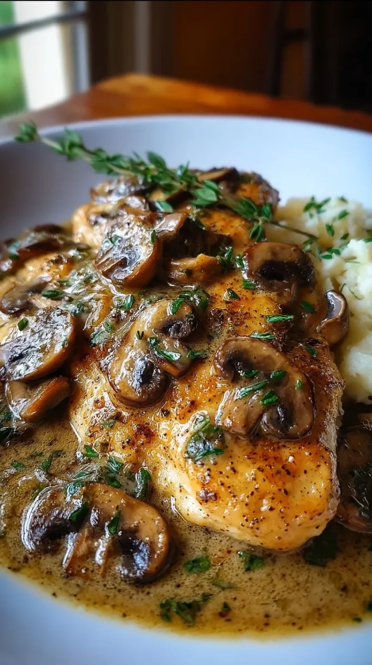 Golden pan-seared chicken cutlets smothered in a creamy mushroom marsala sauce with fresh parsley.