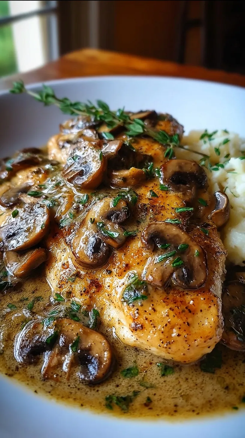 Golden pan-seared chicken cutlets smothered in a creamy mushroom marsala sauce with fresh parsley.