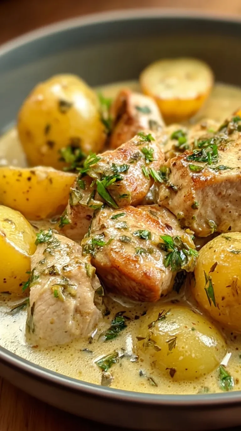 Golden seared chicken breasts with baby potatoes in a creamy mustard sauce garnished with parsley in a skillet.