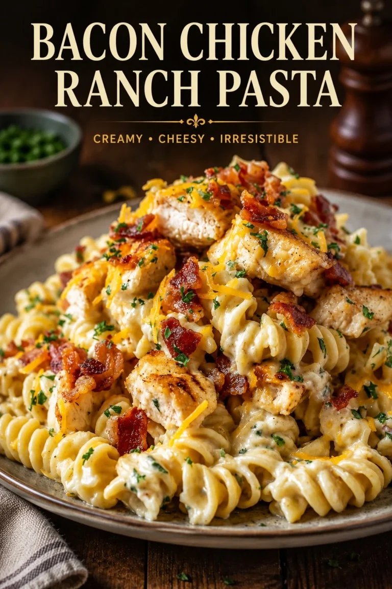 Creamy chicken pasta with crispy bacon in a bowl