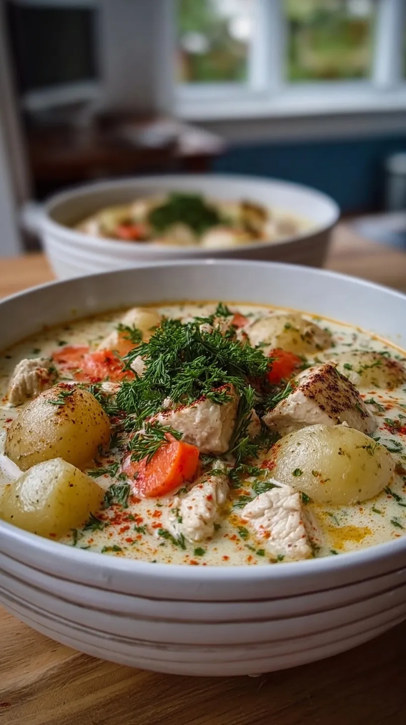 A bowl of creamy chicken potato soup garnished with fresh parsley
