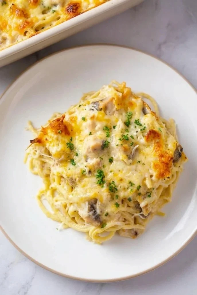 Creamy Chicken Tetrazzini dish served in a bowl with pasta and chicken